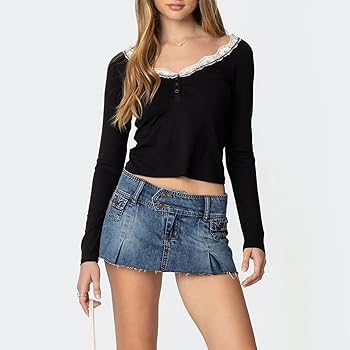 Womens Y2K Long Sleeve Shirts Lace Trim Solid Color Deep V